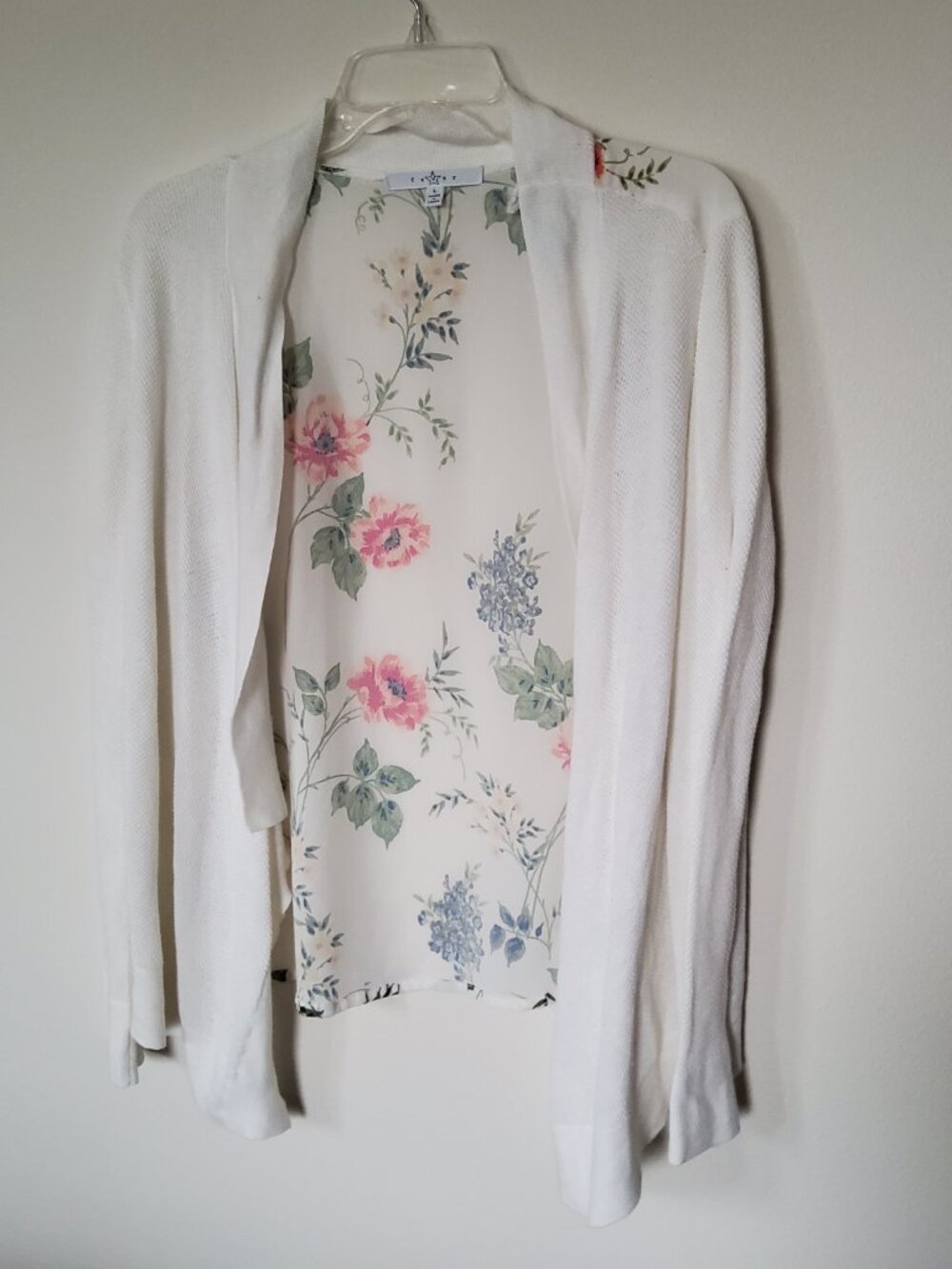 White Sheer Cottagecore floral Cardigan Size L Fever brand